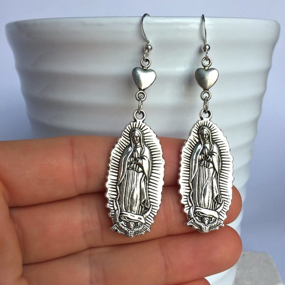 JPeace Designs Jewelry - Silver Virgin Mary Heart Earrings